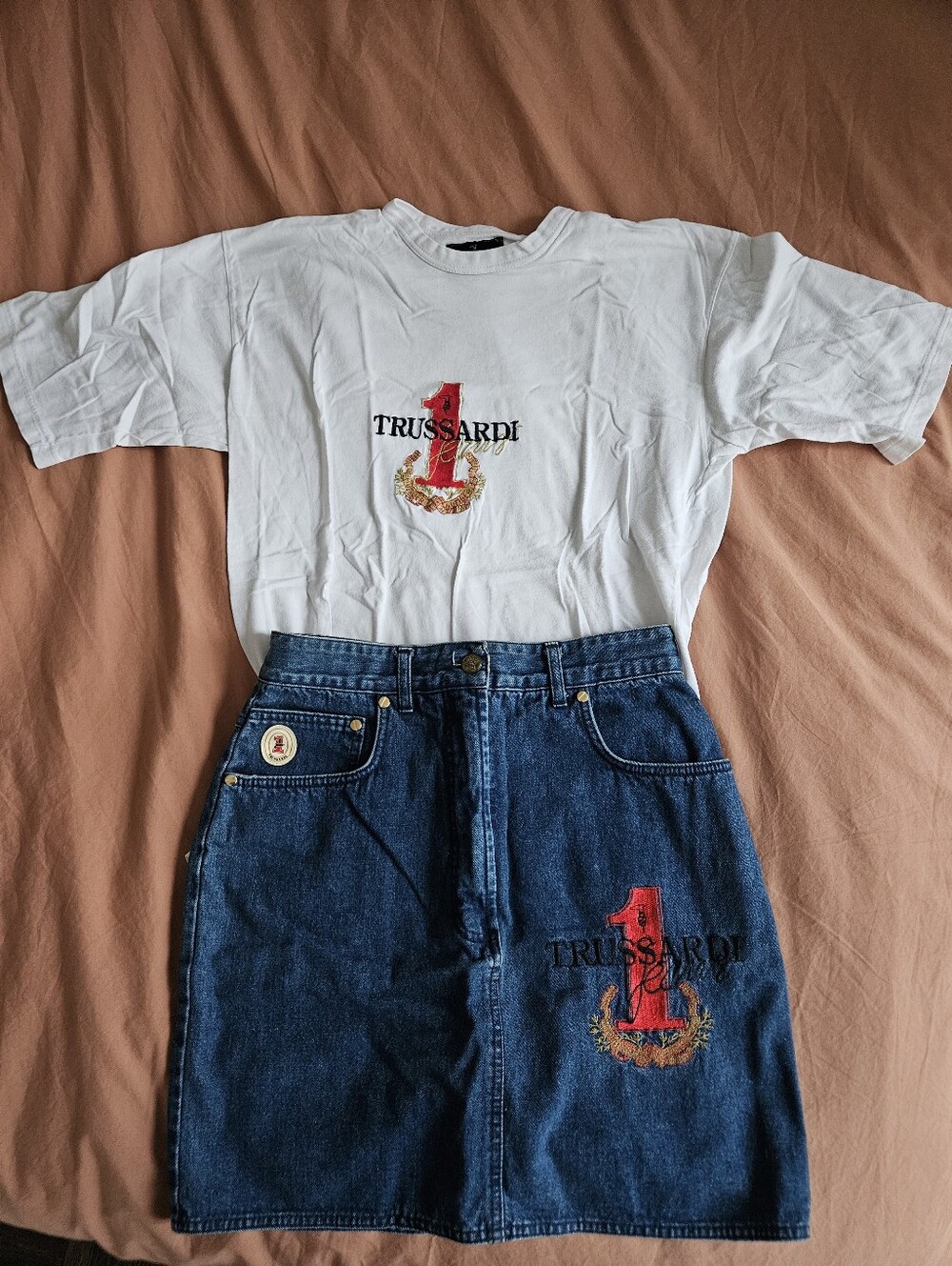 Vintage Trussardi Set: Embroidered Mini Skirt And Tee -  Made In ITALY - MEDIUM